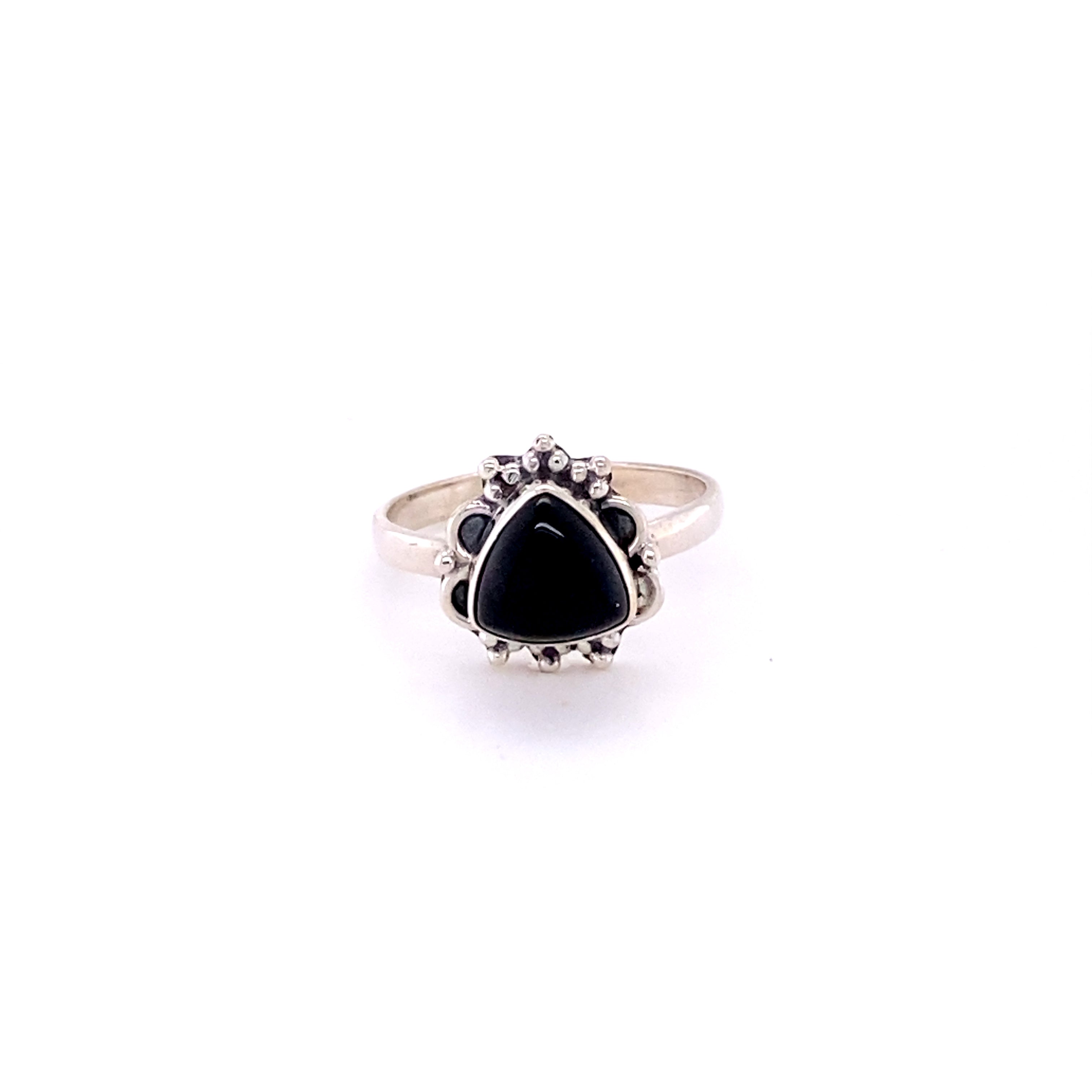 A boho Triangular Gemstone Ring with Frills on a white background.