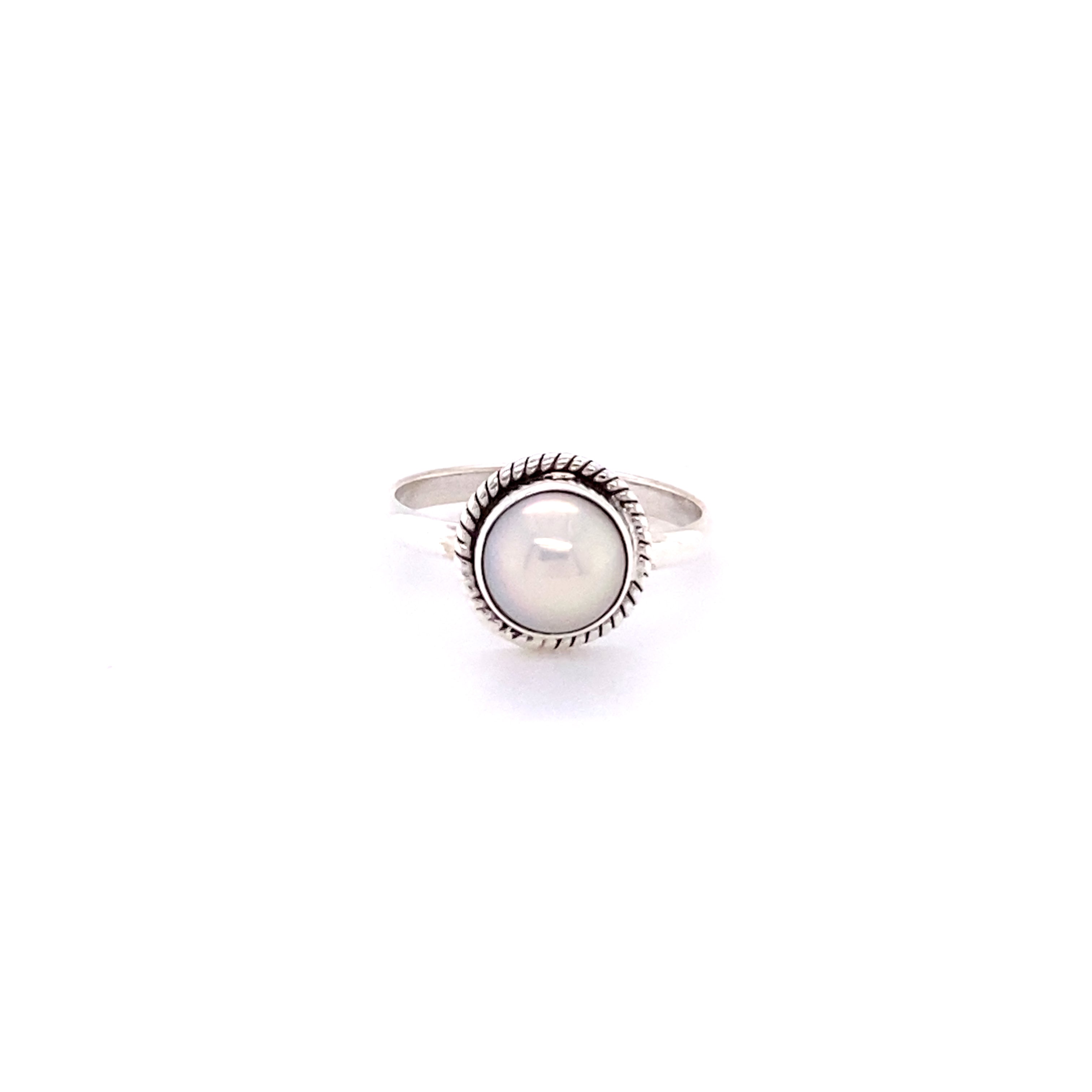 Simple Oval Gemstone Ring with Twisted Rope Border with a central pearl set in a sunburst design, isolated on a white background.