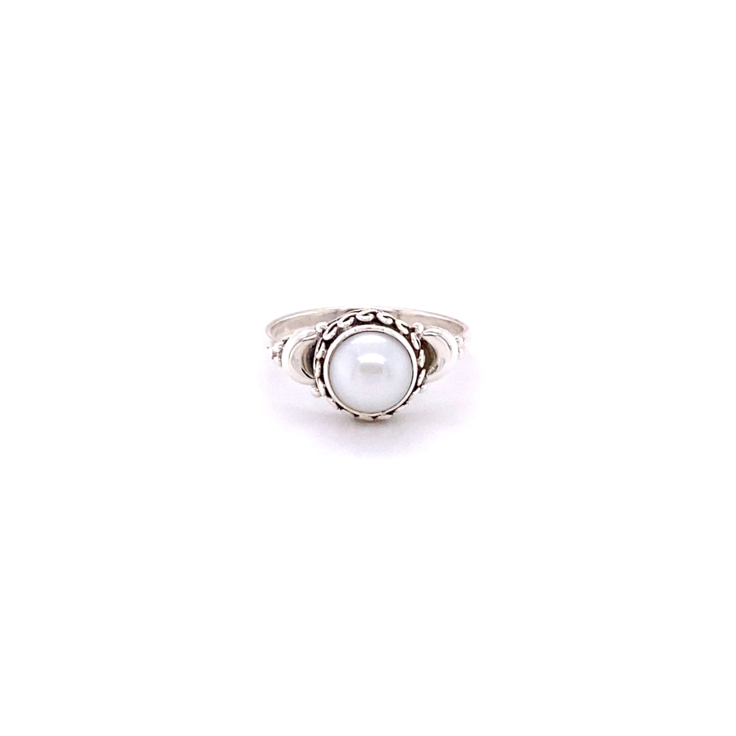 
                  
                    A Beautiful Oval Gemstone Ring with Small Moons on a white background, made of sterling silver.
                  
                