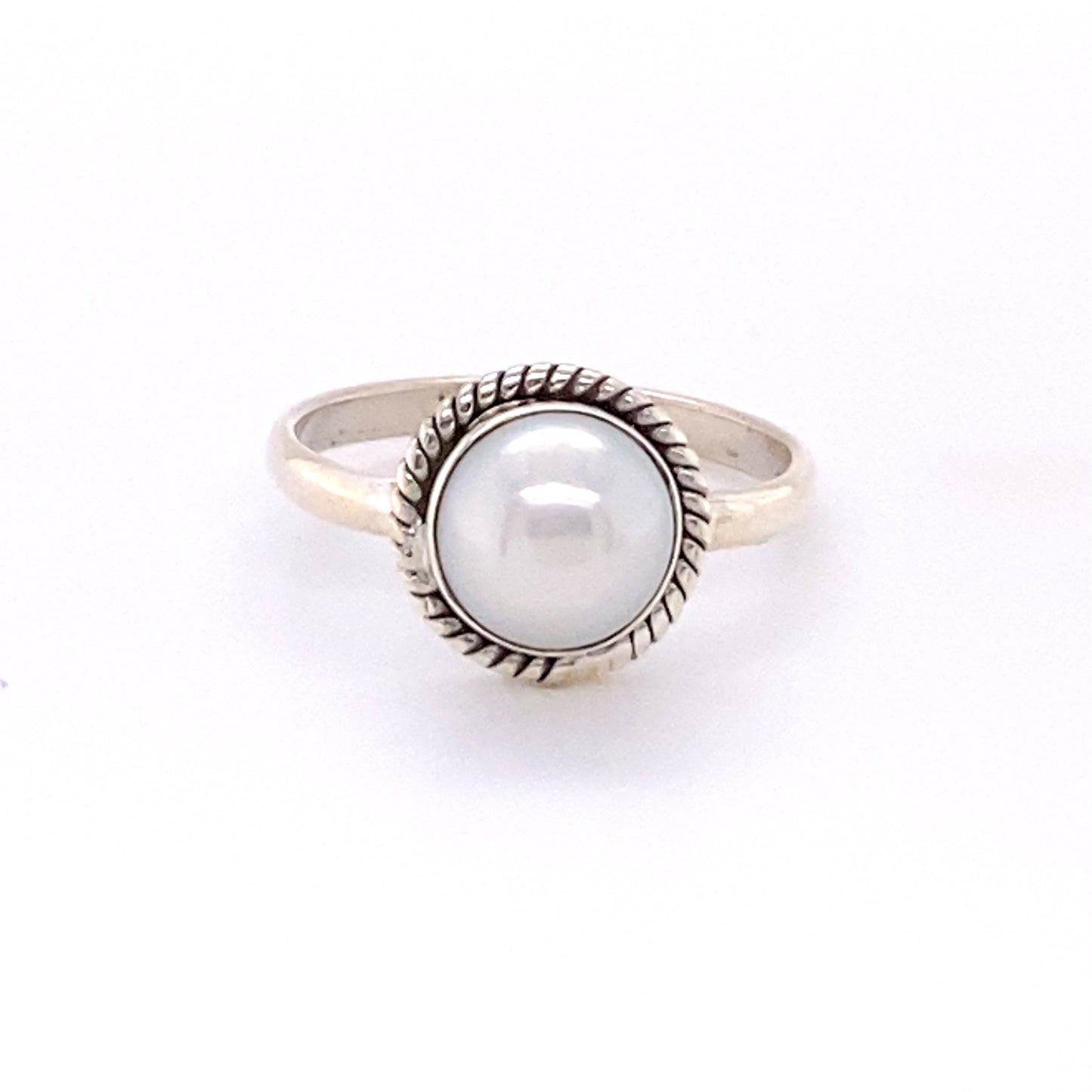 
                  
                    A Simple Round Gemstone Ring with Rope Border by Super Silver, featuring a white pearl, made of Sterling Silver, on a white background.
                  
                