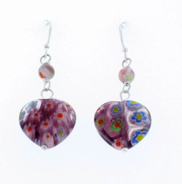 A pair of Super Silver's Beaded Flower Heart Earrings with multicolor flower detail.