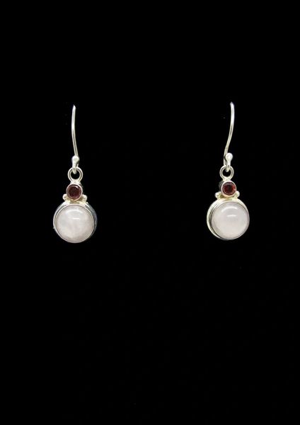 A pair of Super Silver Rose Quartz Bead Dangle Earrings with a pink stone and garnet.