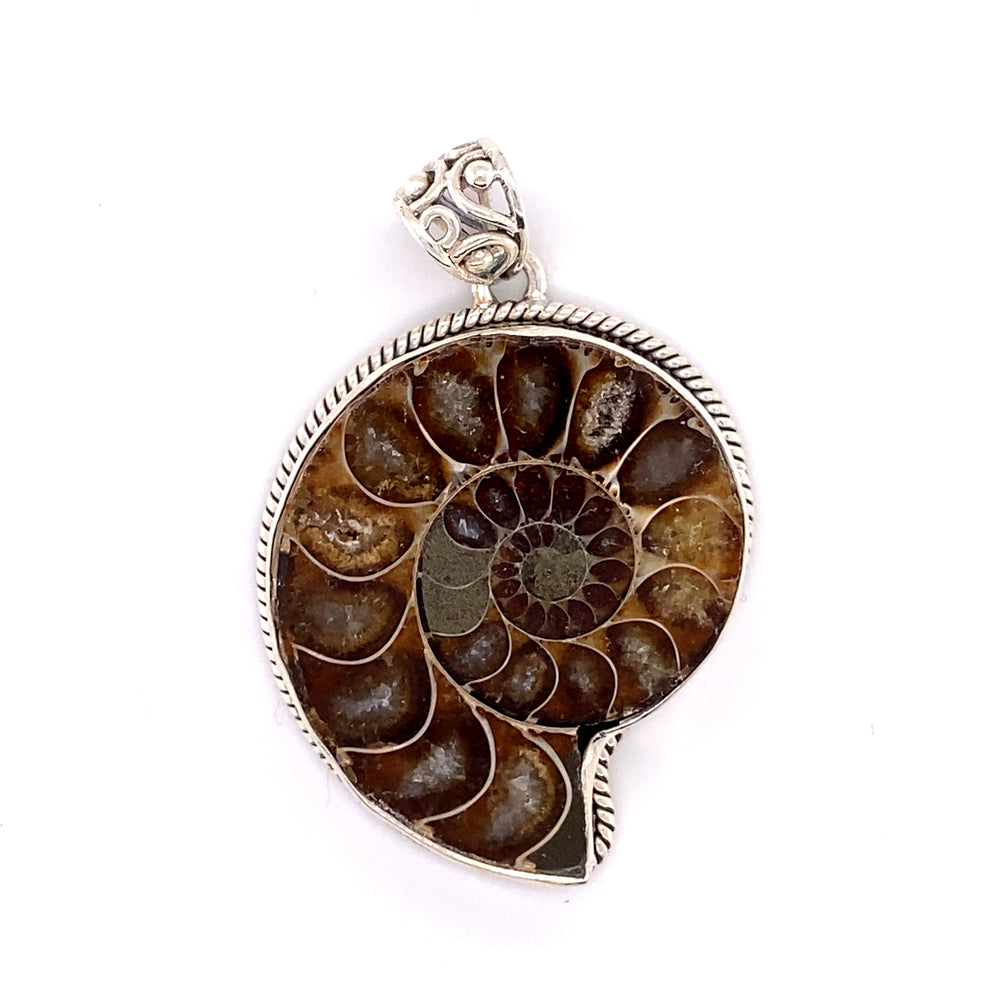 
                  
                    Bold and striking ammonite shell pendant in sterling silver, inspired by stunning Super Silver Nautilus pendants. Embrace the timeless beauty of fossils with this exquisite piece.

                  
                