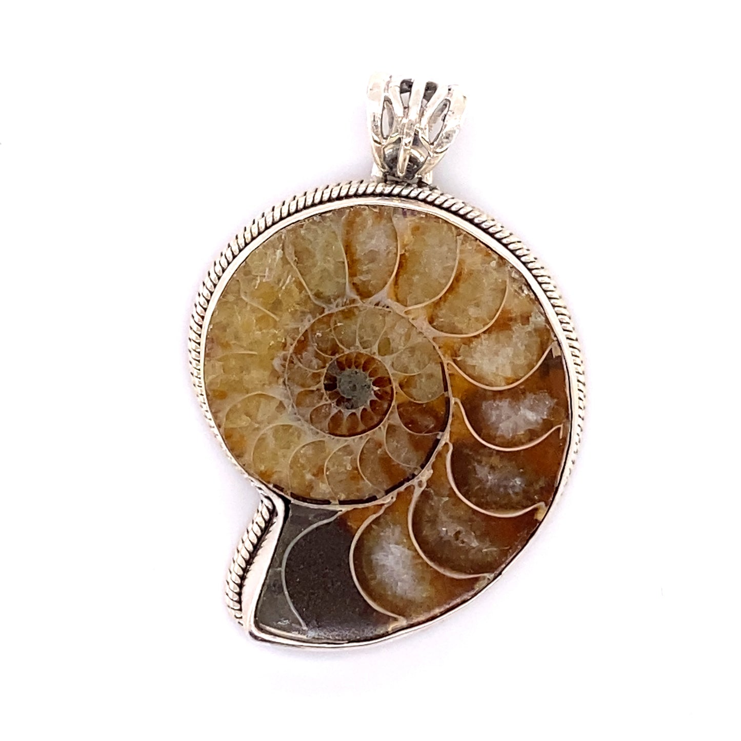 
                  
                    Bold Nautilus pendant in sterling silver, showcasing a striking fossil design by Super Silver.
                  
                
