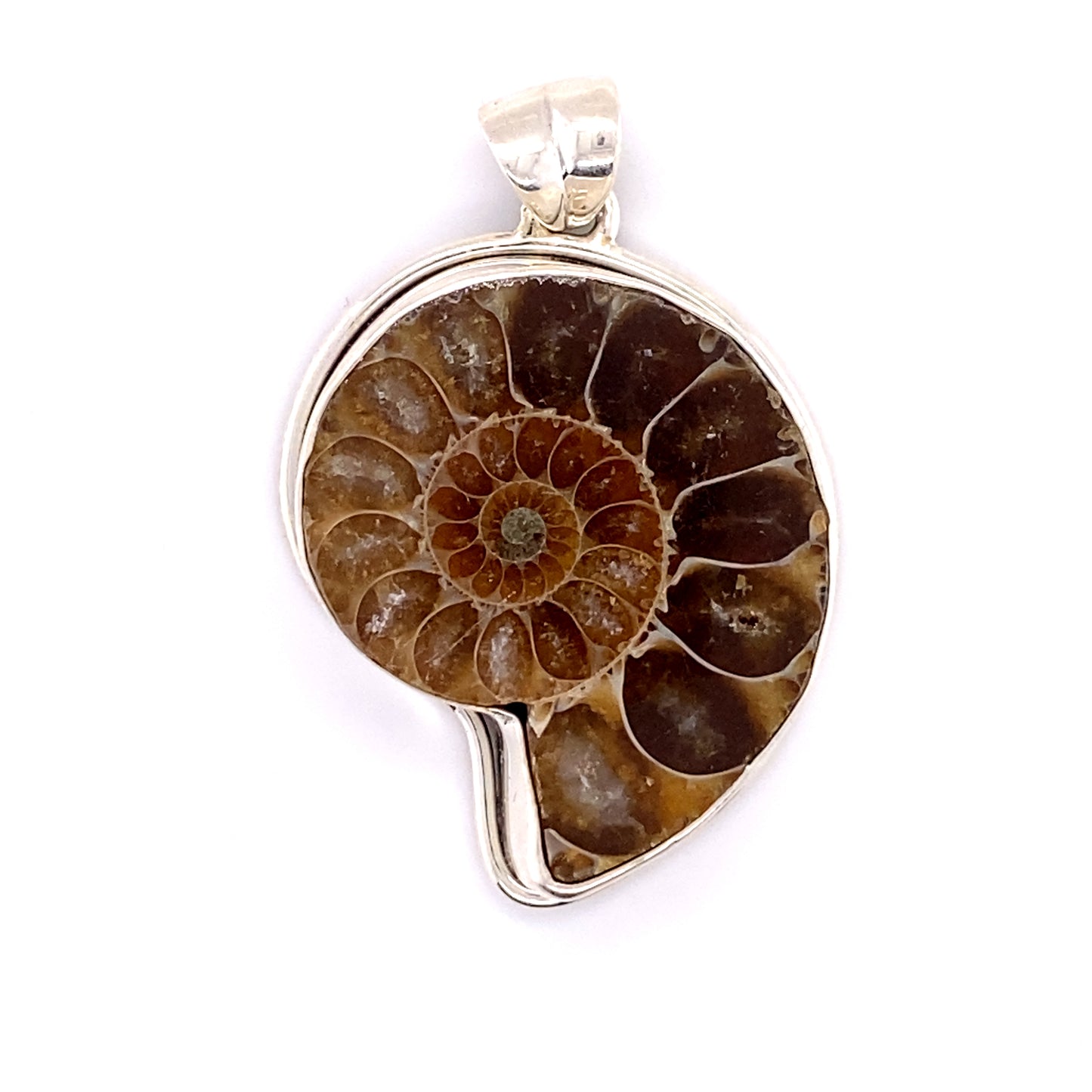 
                  
                    Bold Nautilus pendant in sterling silver, inspired by striking Nautilus fossils, by Super Silver.
                  
                