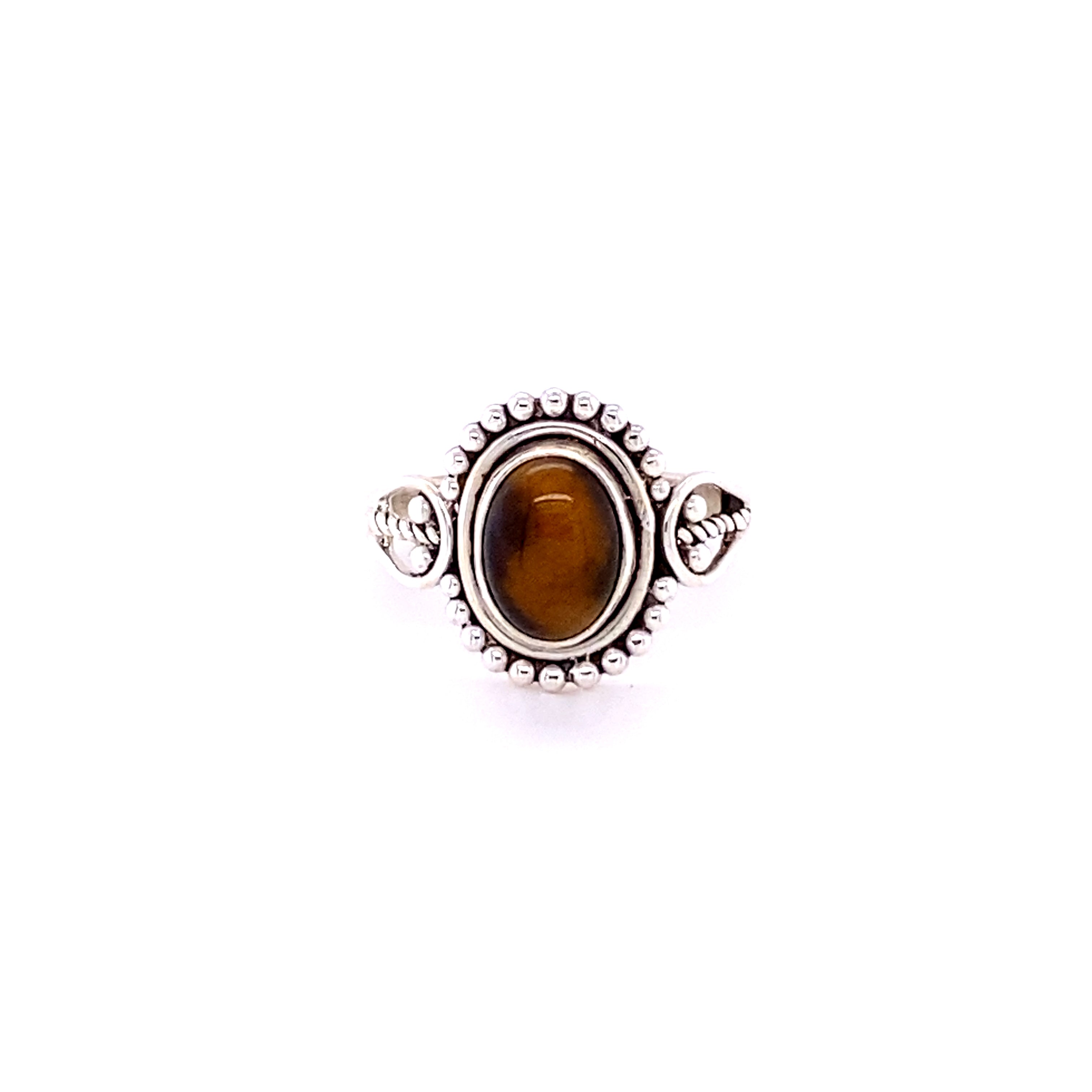 A sterling silver ring with an Oval Gemstone with Ball Design stone.