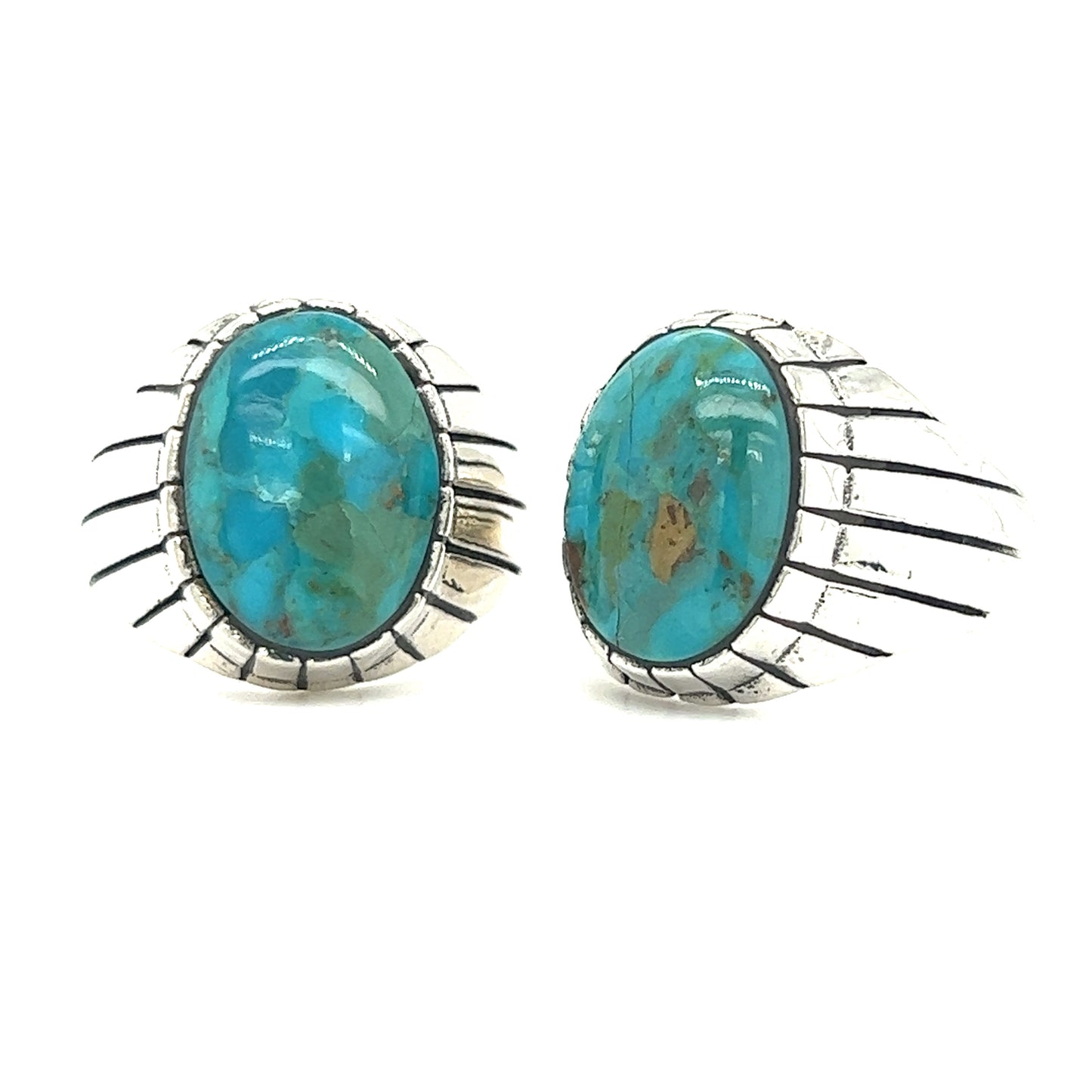 
                  
                    A pair of Kingman Turquoise Oval Signet Ring earrings from Super Silver.
                  
                