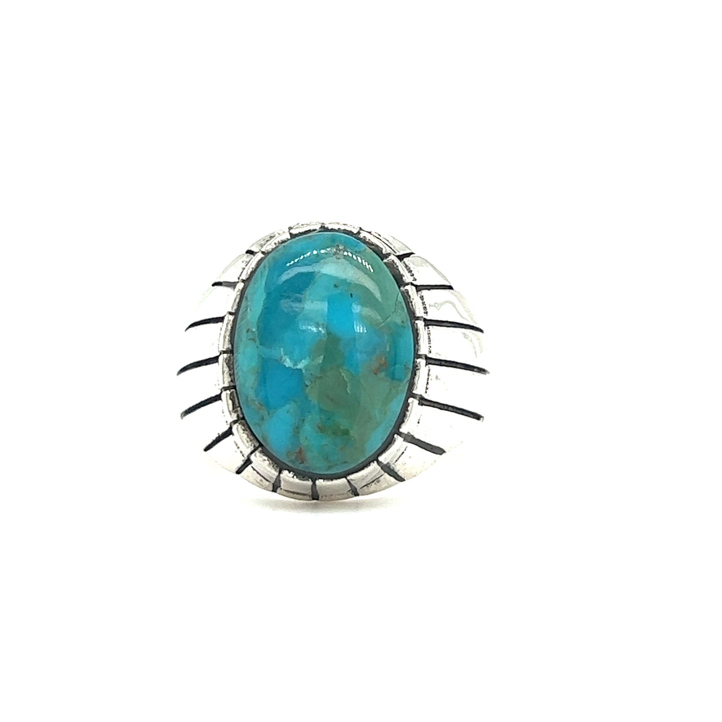 
                  
                    A Kingman Turquoise Oval Signet Ring adorns a Super Silver signet ring.
                  
                