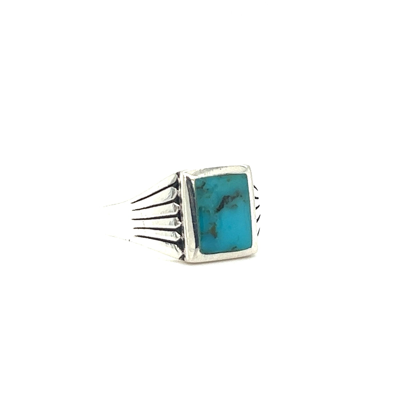 
                  
                    A Square Kingman Turquoise Signet Ring adorned with a square turquoise stone by Super Silver.
                  
                