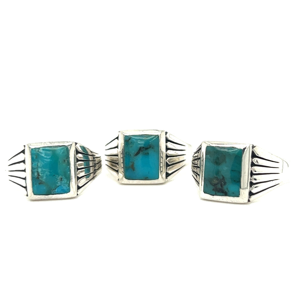
                  
                    Three Square Kingman Turquoise Signet Rings by Super Silver.
                  
                