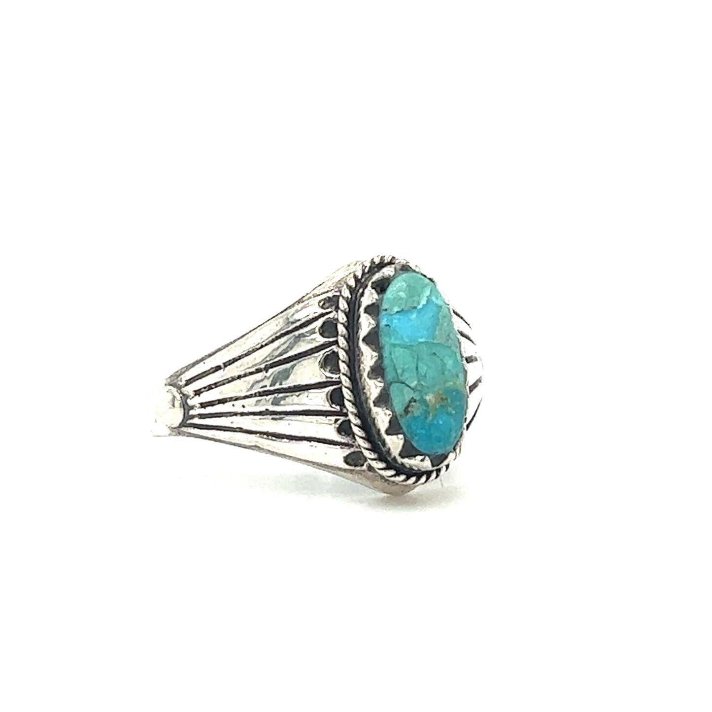 A minimalist silver ring with a Southwest Inspired Kingman Turquoise stone.