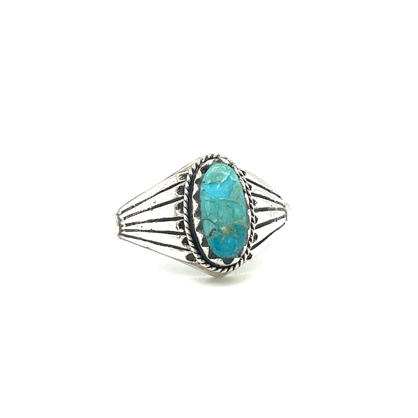 A minimalist sterling silver ring with a Southwest Inspired Kingman Turquoise Ring.