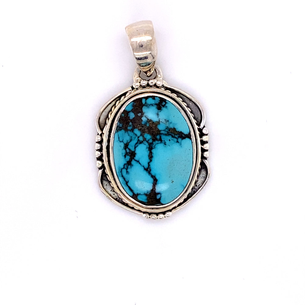 
                  
                    A Super Silver handmade Natural Turquoise Pendant with an Oval Shield Setting.
                  
                