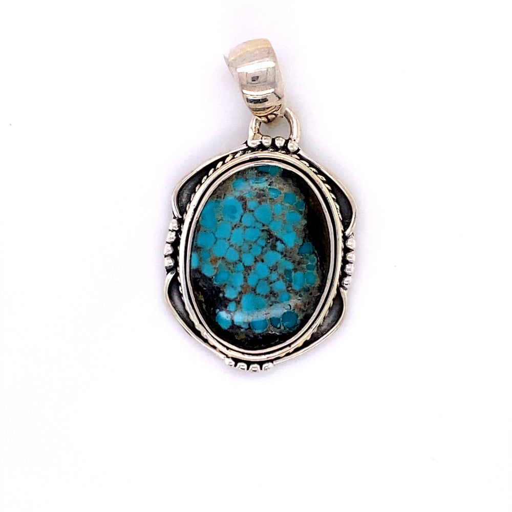 
                  
                    Handmade Super Silver sterling silver pendant with a stunning Natural Turquoise stone in an Oval Shield Setting.
                  
                