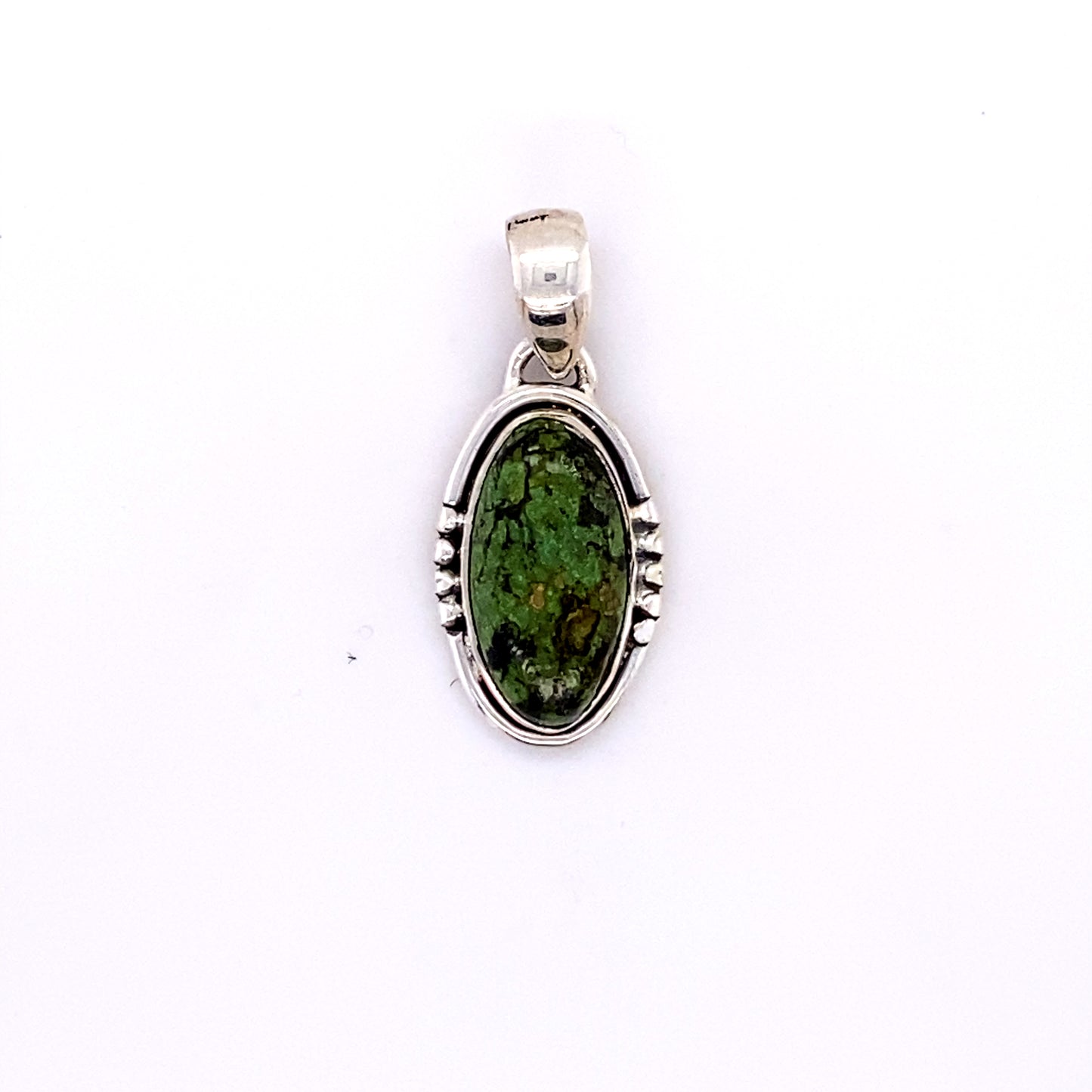 
                  
                    A Super Silver Natural Turquoise Elongated Oval Pendant with a green stone in it.
                  
                