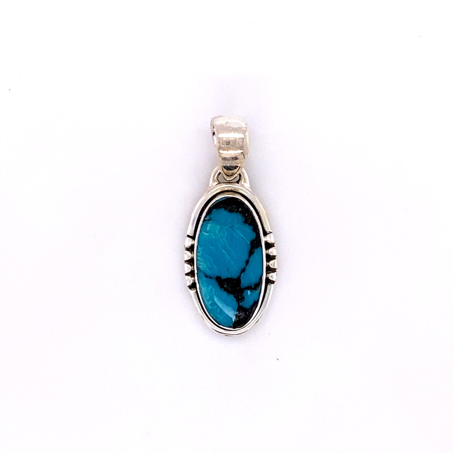 
                  
                    A Super Silver handmade sterling silver pendant with the Natural Turquoise Elongated Oval Pendant.
                  
                