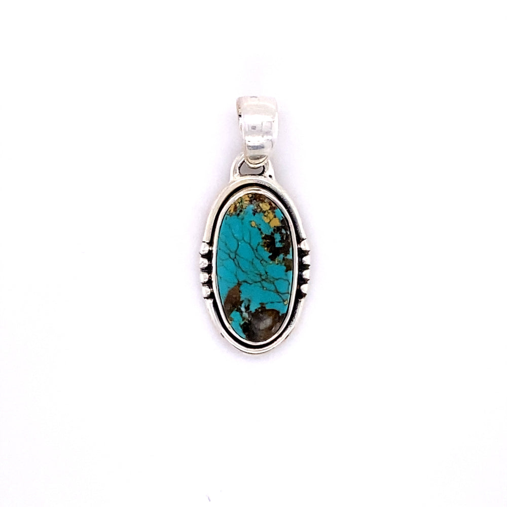 
                  
                    A handmade Super Silver sterling silver pendant with a captivating Natural Turquoise Elongated Oval stone.
                  
                