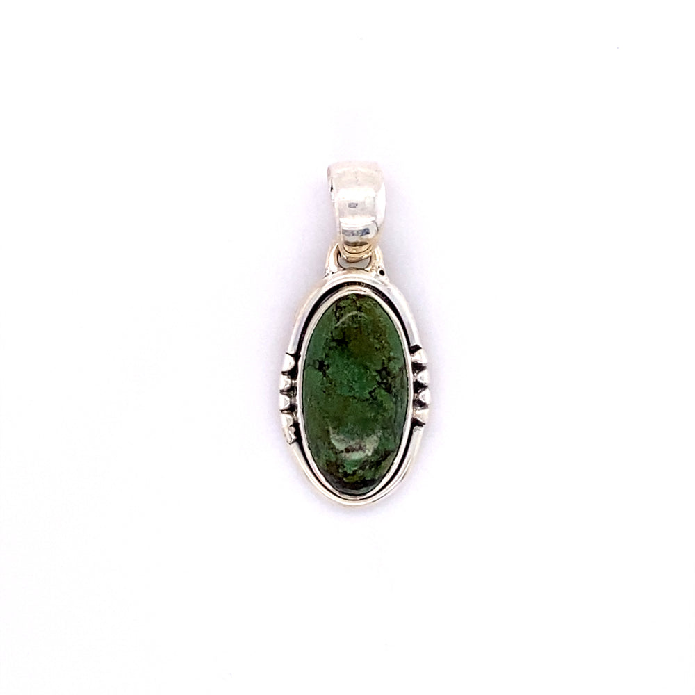 
                  
                    A handmade Super Silver sterling silver pendant with a stunning Natural Turquoise Elongated Oval stone.
                  
                