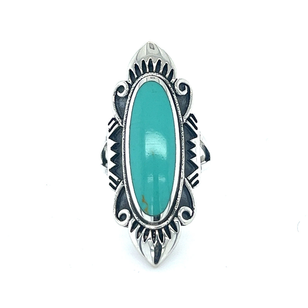 
                  
                    A Super Silver Southwest Styled Turquoise Statement Ring with southwestern charm, featuring a turquoise stone.
                  
                