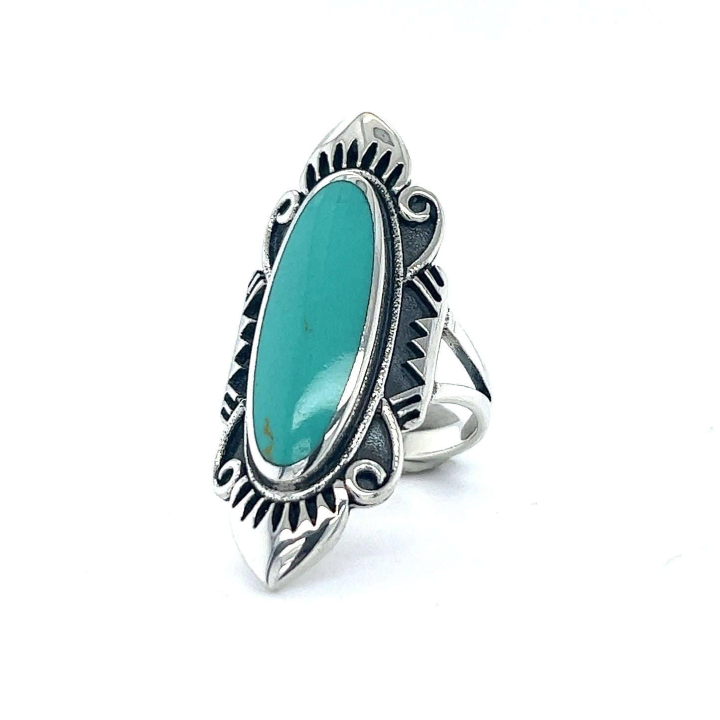 
                  
                    A Super Silver Southwest Styled Turquoise Statement Ring with a southwestern charm.
                  
                