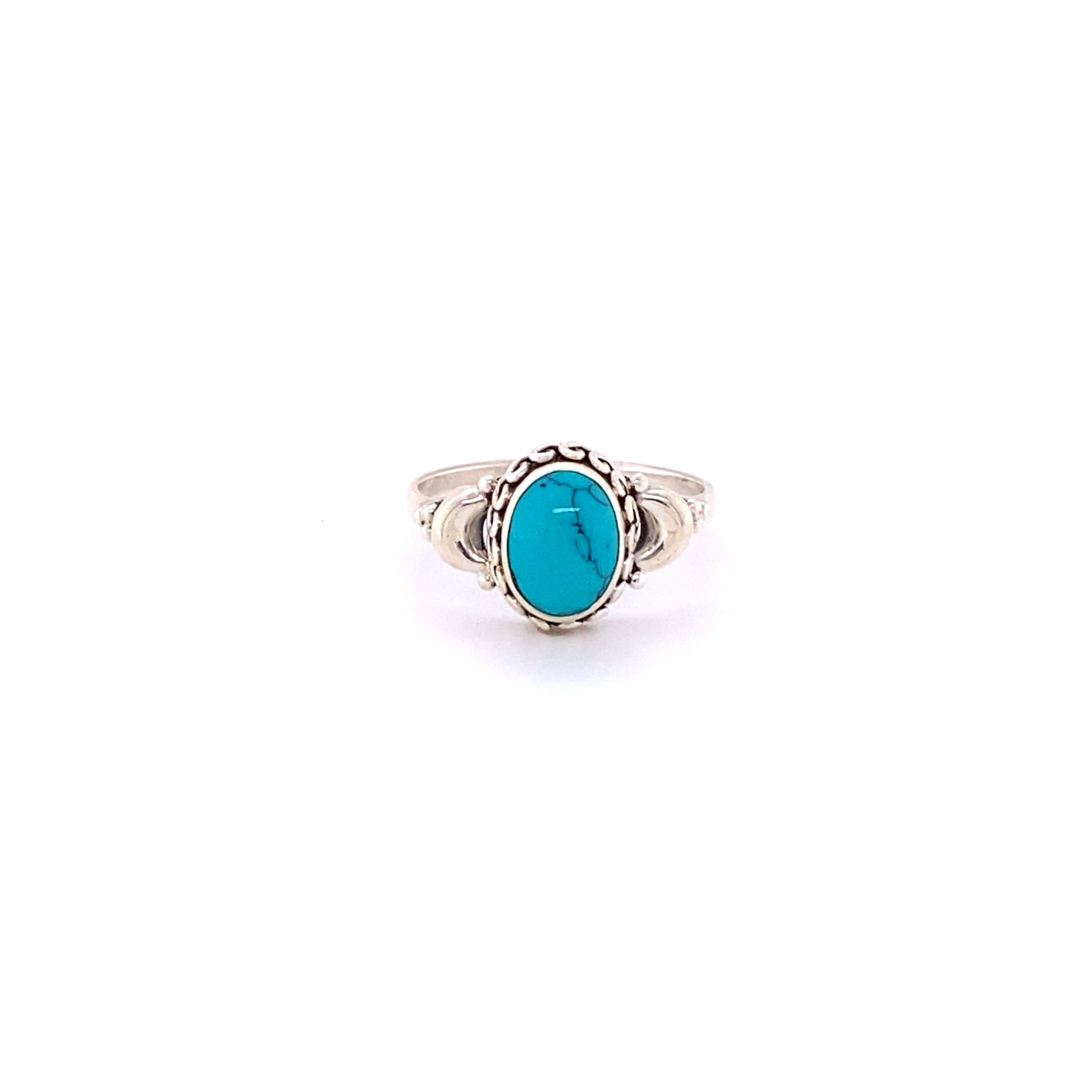An Beautiful Oval Gemstone Ring with Small Moons from Super Silver with an earthy vibe on a white background.
