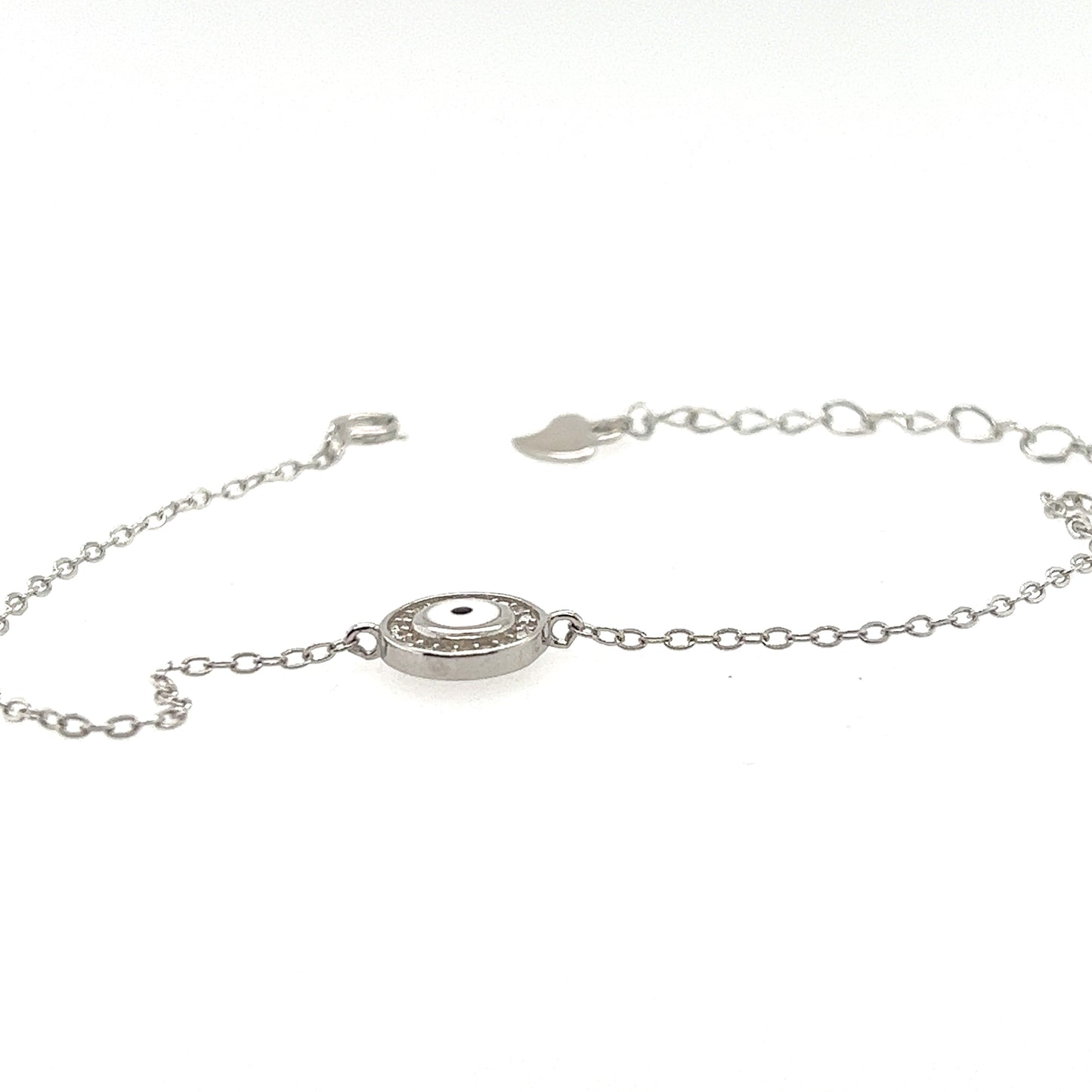 
                  
                    A Delicate Cubic Zirconia Evil Eye Bracelet adorned with an evil eye by Super Silver.
                  
                