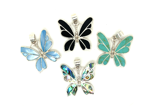 
                  
                    Four Medium Inlay Butterfly Pendants in different colors: light blue, black, turquoise, and iridescent. These butterfly pendants feature silver outlines and a small loop at the top for attaching to a chain, making them exquisite pieces of gemstone jewelry.
                  
                