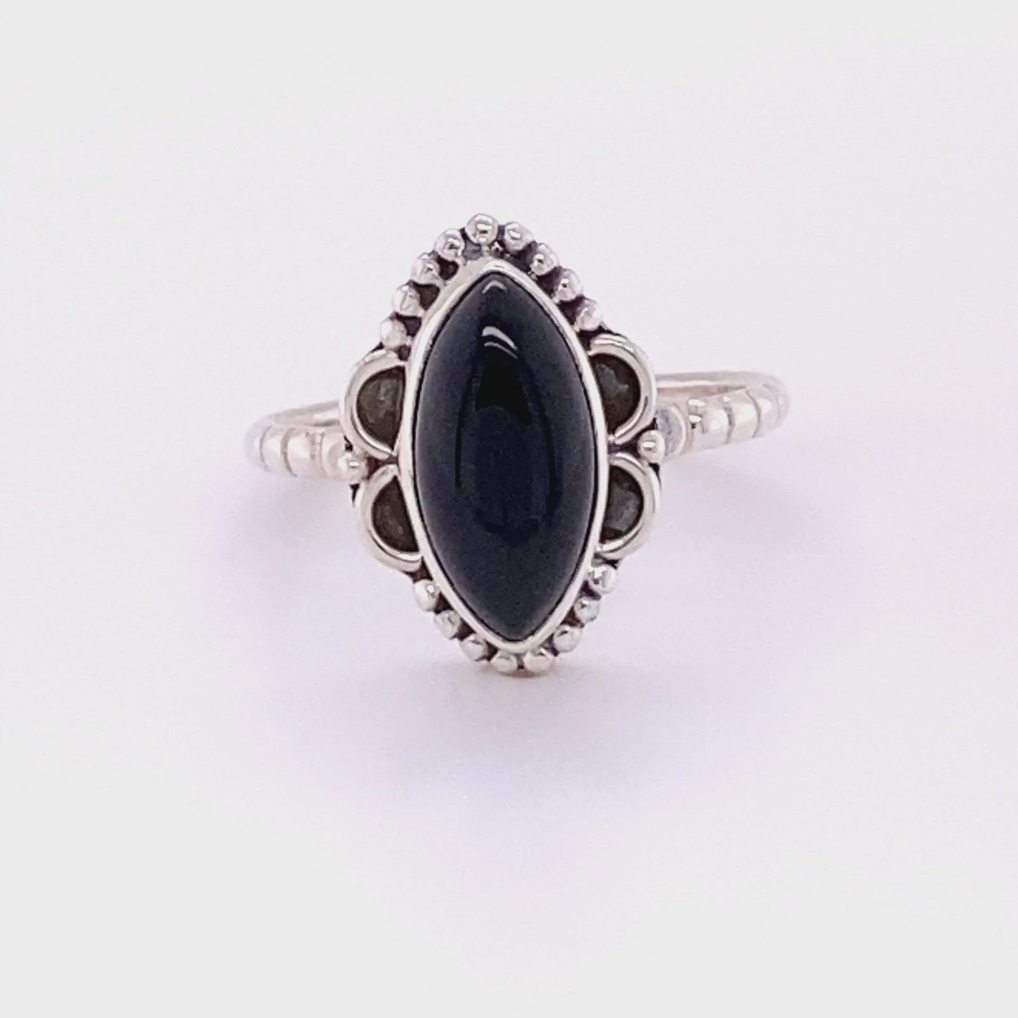 
                  
                    Load and play video in Gallery viewer, Marquise Shaped Gemstone Ring with Ball Border and Textured Band
                  
                