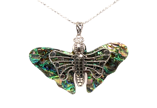 
                  
                    A Large Abalone Butterfly Pendant on a silver chain by Super Silver.
                  
                
