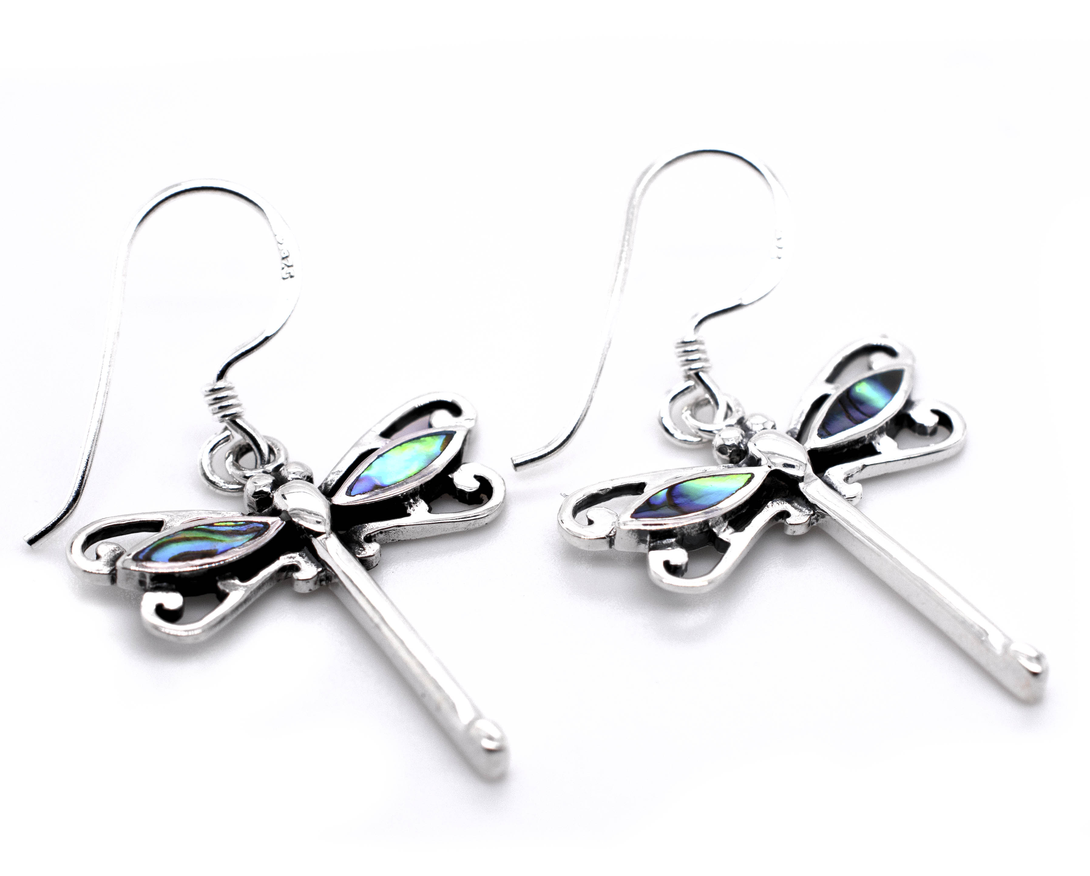 Super Silver Dragonfly Abalone Earrings featuring intricate dragonfly design. These delightful earrings showcase a stunning abalone shell accent, adding a touch of elegance and mystery. Perfect for those seeking patient change with Super Silver Dragonfly Abalone Earrings.