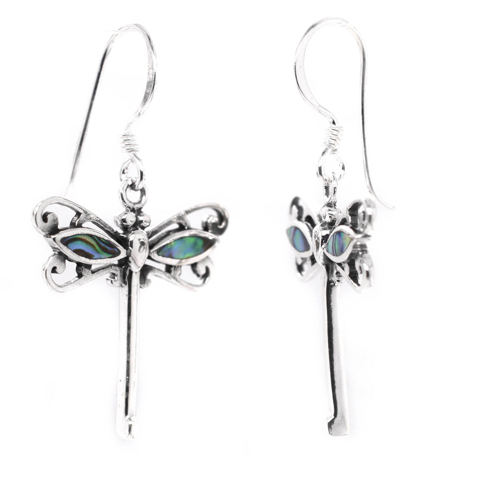 
                  
                    A pair of Super Silver Dragonfly Abalone Earrings with abalone shell accents on a white background.
                  
                