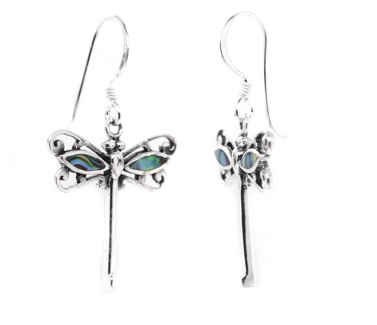 
                  
                    A pair of Super Silver Dragonfly Abalone Earrings with abalone shell accents on a white background.
                  
                