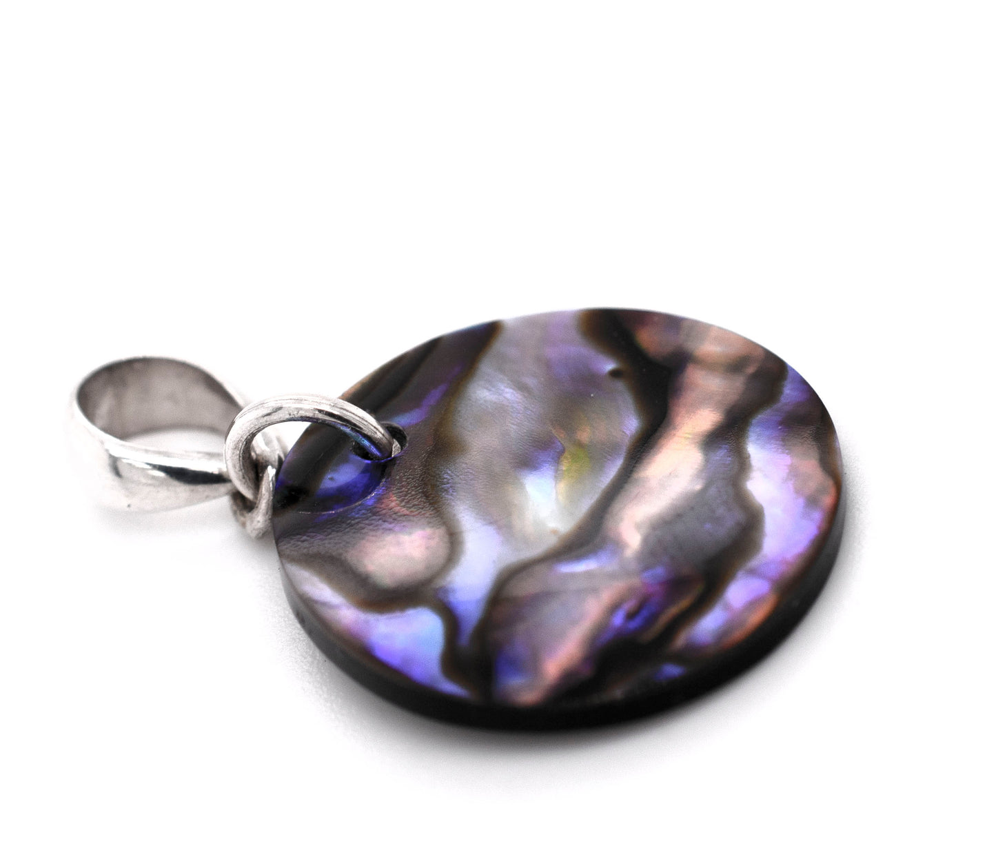 
                  
                    A Super Silver Charming Abalone Pendant showcasing its stunning iridescent colors on a white background.
                  
                