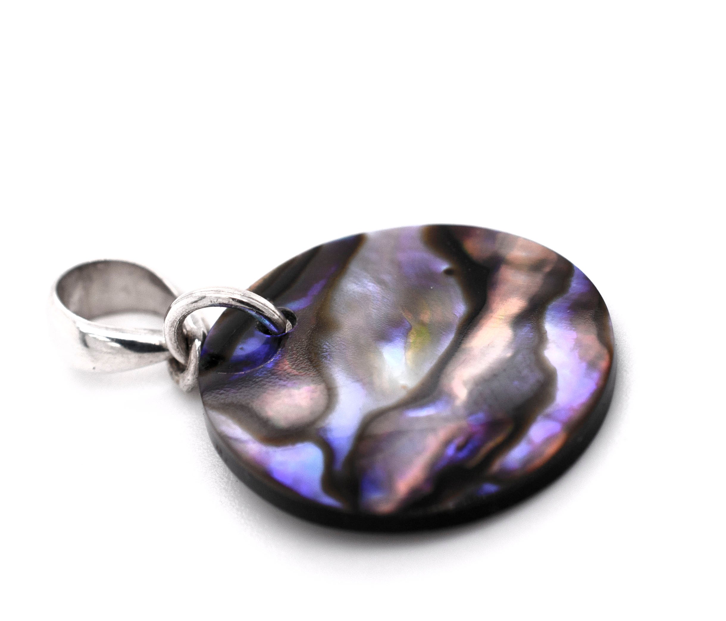 A Super Silver Charming Abalone Pendant showcasing its stunning iridescent colors on a white background.
