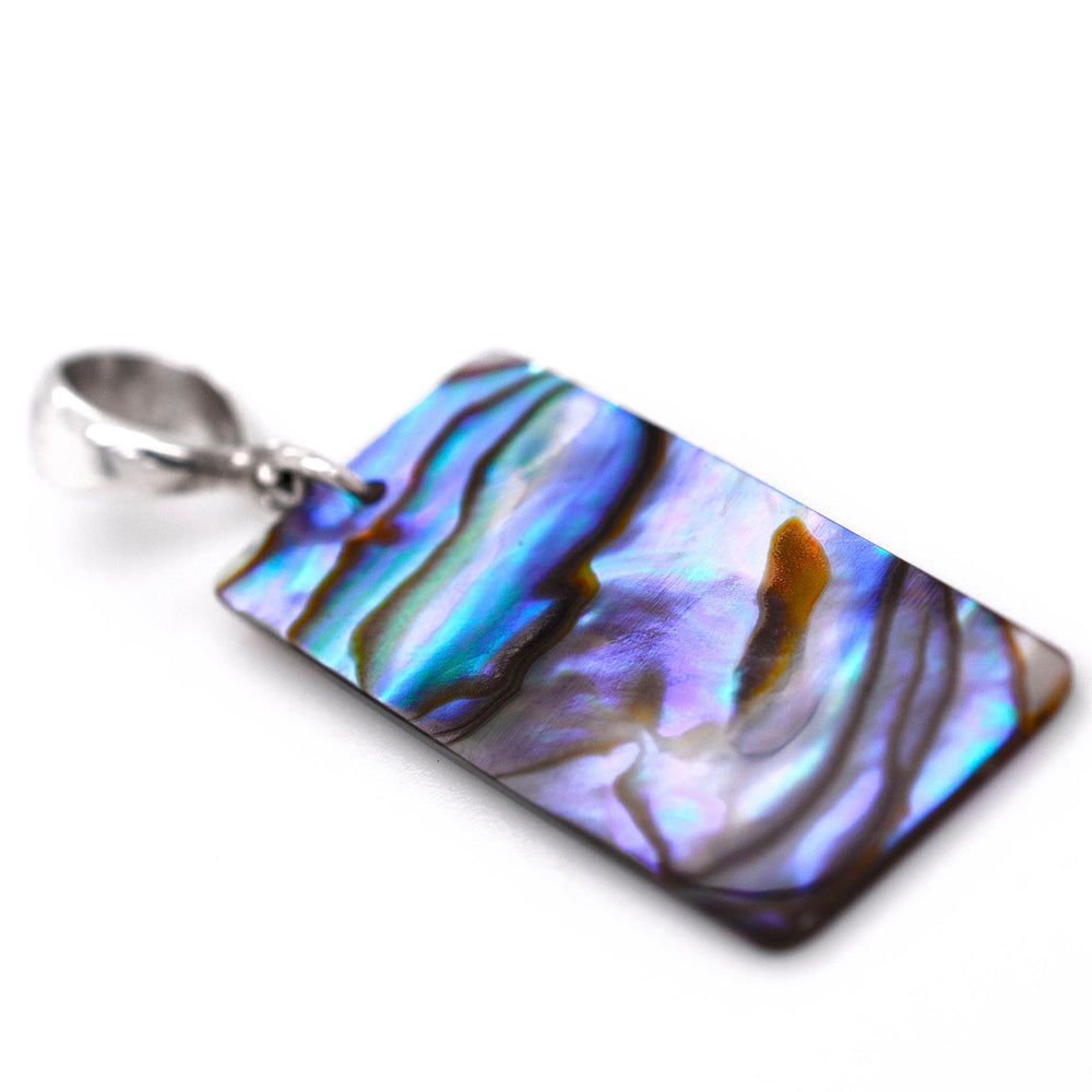 A Super Silver Rectangular Abalone Slab Pendant on a white background.