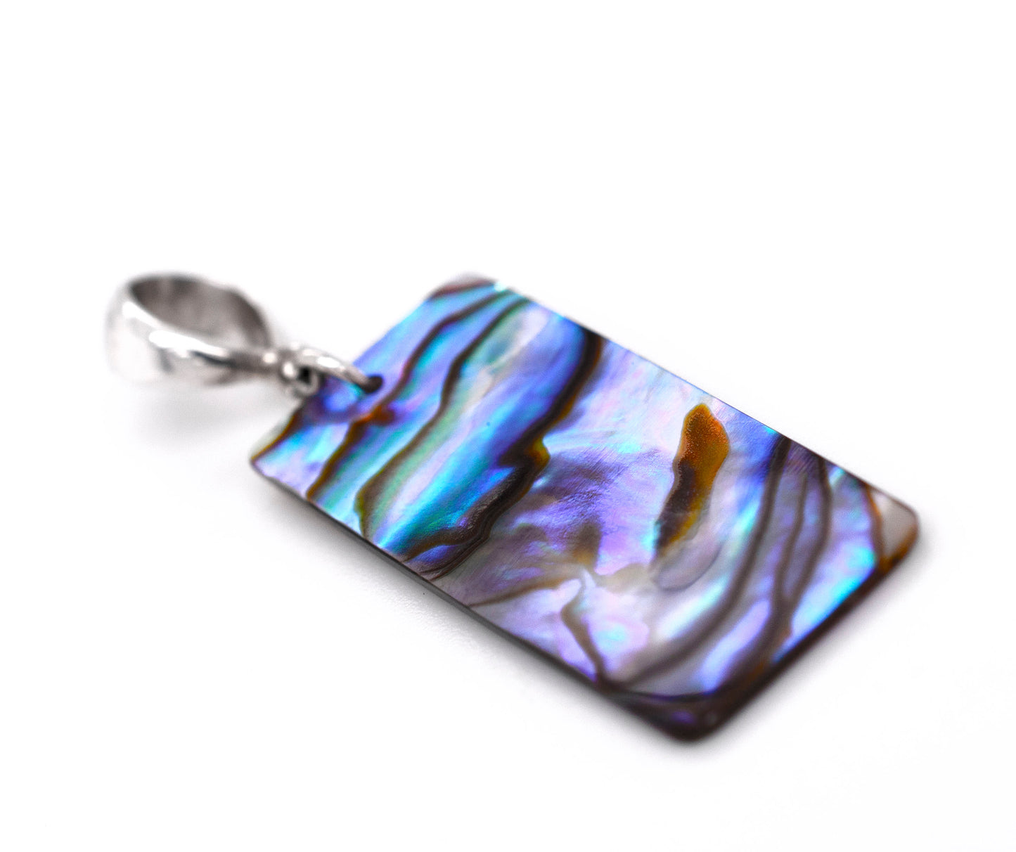 A Super Silver Rectangular Abalone Slab Pendant on a white background.