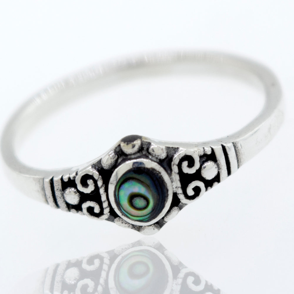 
                  
                    A chic Super Silver Dainty Inlaid Stone Ring With Silver Beads and Swirls with an abalone shell and vintage charm.
                  
                