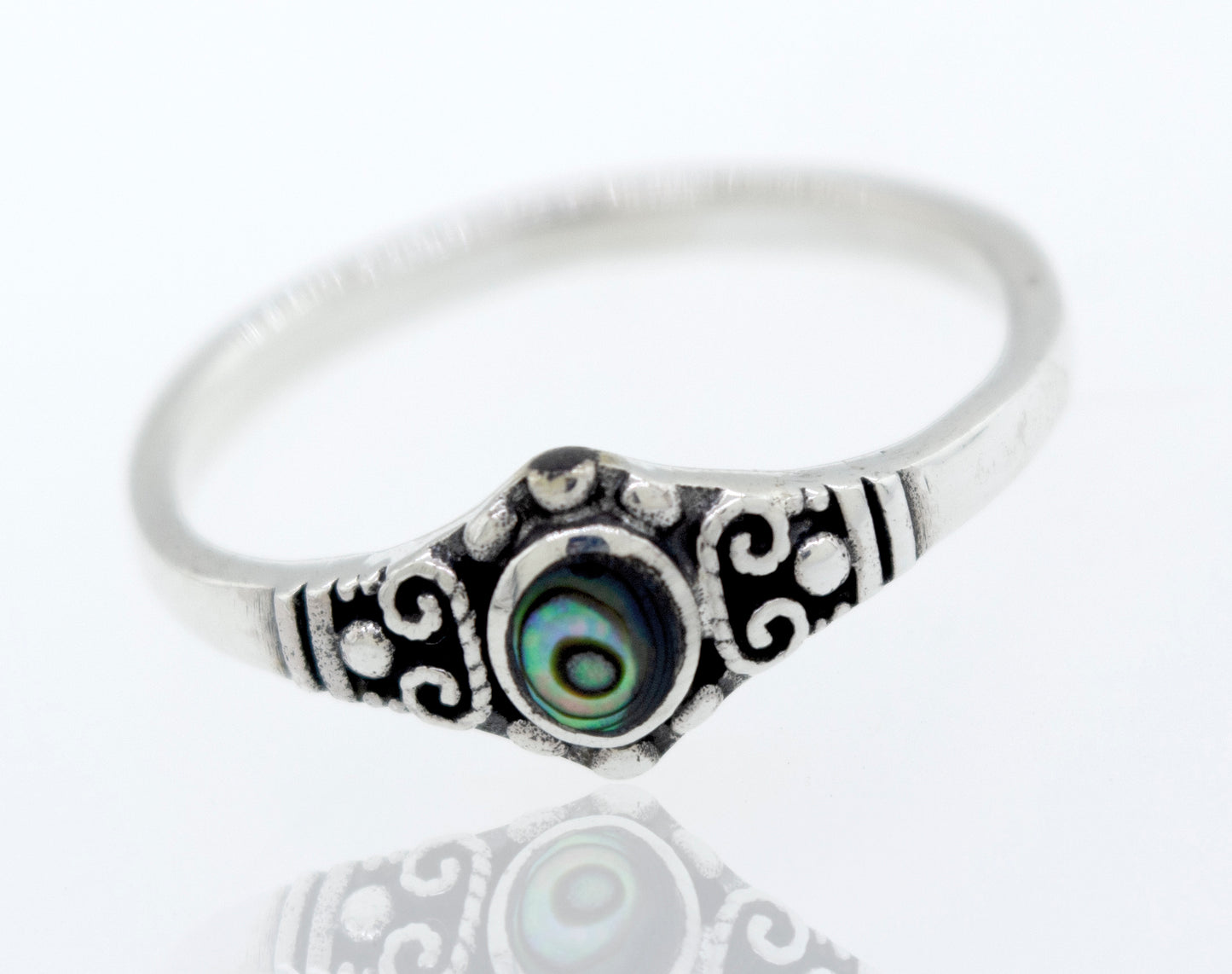 
                  
                    A chic Super Silver Dainty Inlaid Stone Ring With Silver Beads and Swirls with an abalone shell and vintage charm.
                  
                