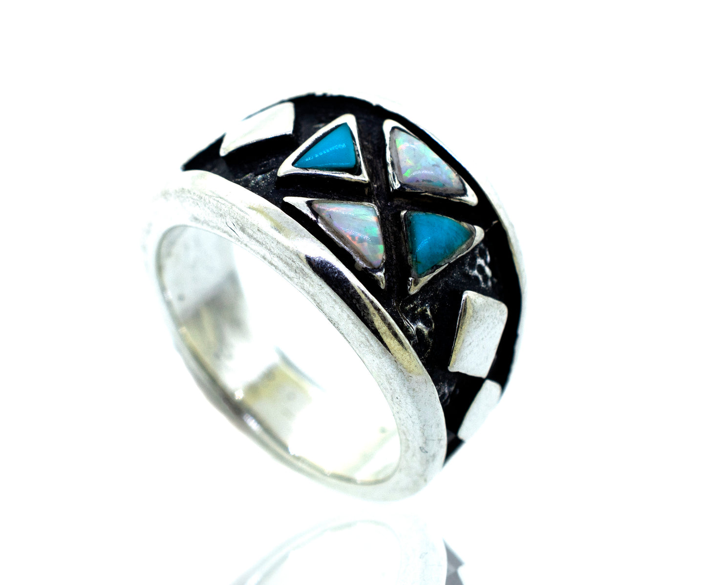 
                  
                    A Super Silver American Made Men's Opal And Turquoise Ring with a triangle design and blue copper turquoise stones.
                  
                