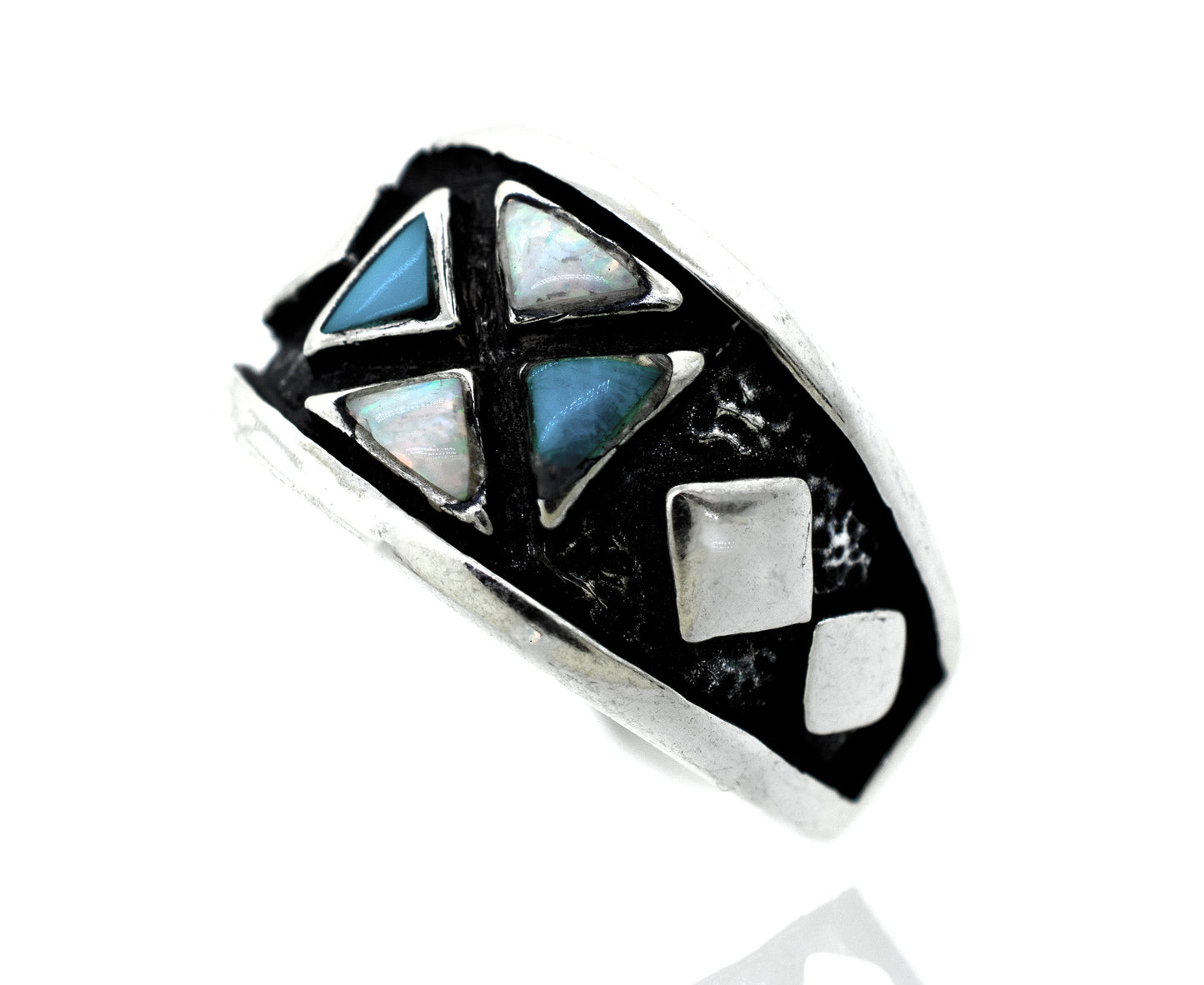 A Super Silver American Made Men's Opal and Turquoise Ring with a blue stone and diamonds.