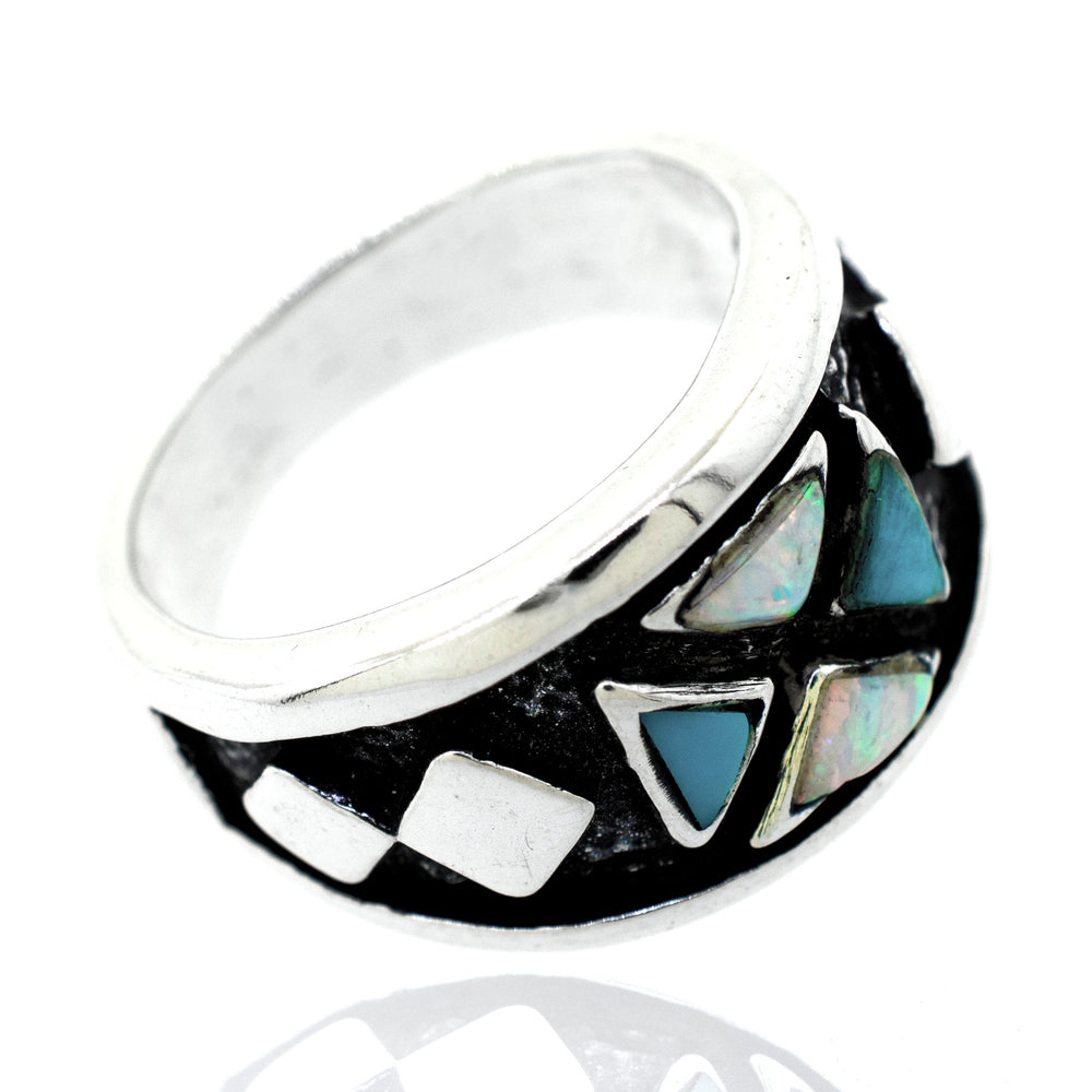 A Super Silver American Made Men's Opal And Turquoise Ring with a cultured opal and blue copper turquoise stones.
