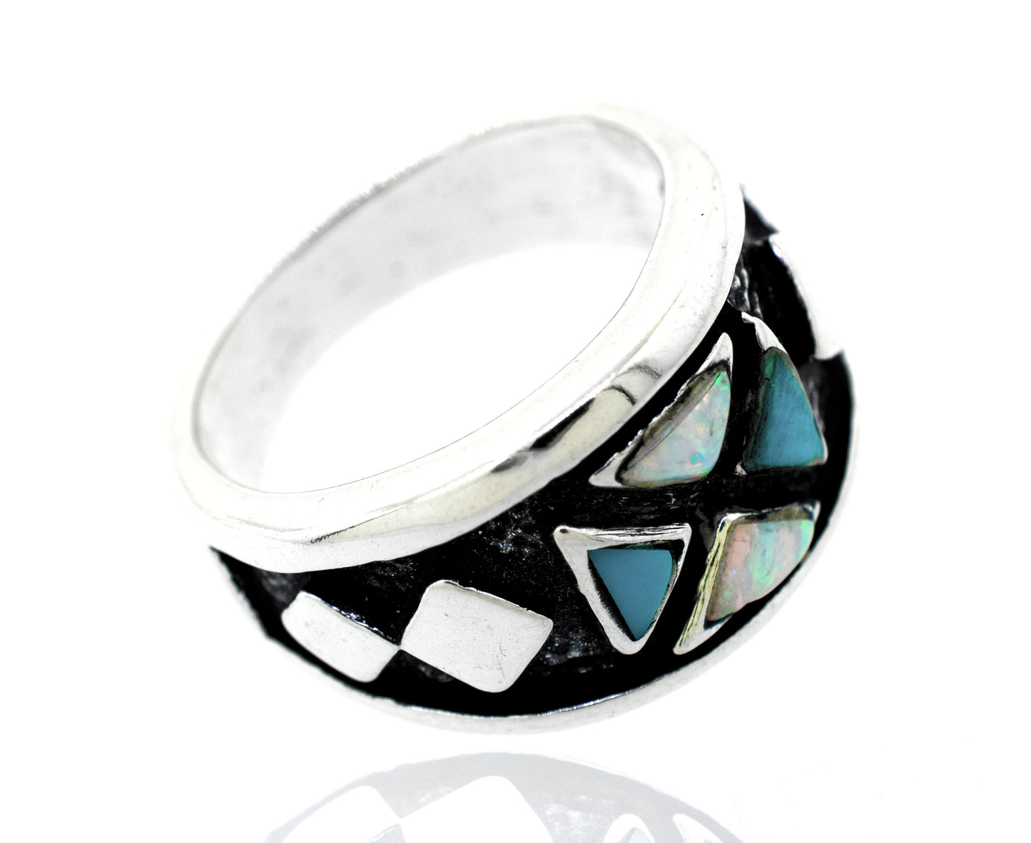 A Super Silver American Made Men's Opal And Turquoise Ring with a cultured opal and blue copper turquoise stones.
