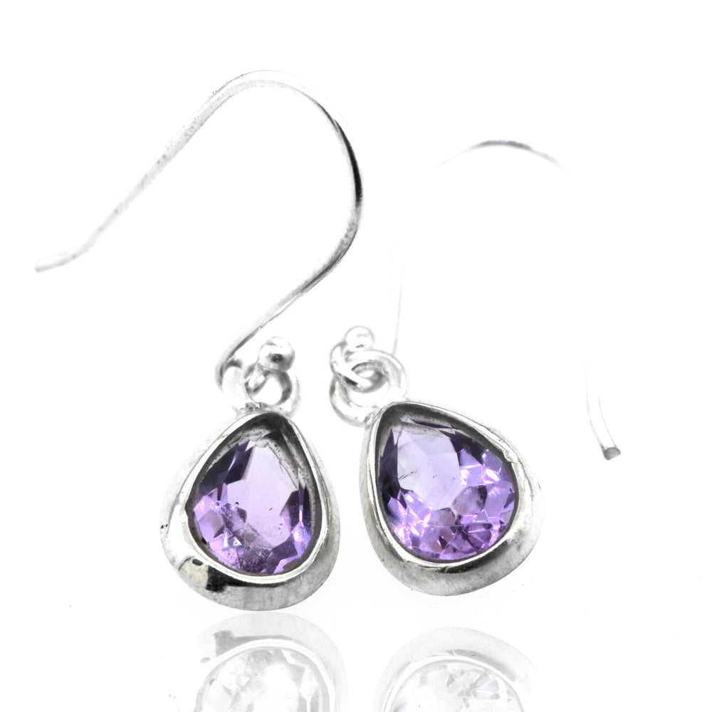 The Super Silver brand frames these elegant Simple Teardrop Shape Amethyst Earrings with a beautiful facet cut stone.