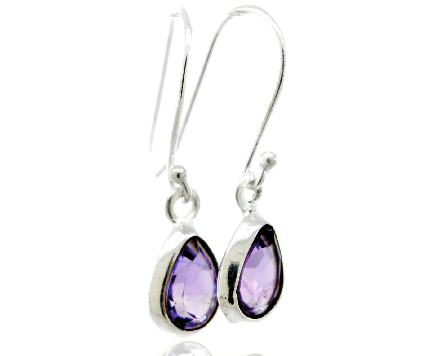 A stunning pair of Super Silver Simple Teardrop Shape Amethyst Earrings featuring a purple amethyst stone in a facet cut, set within a sterling silver setting.