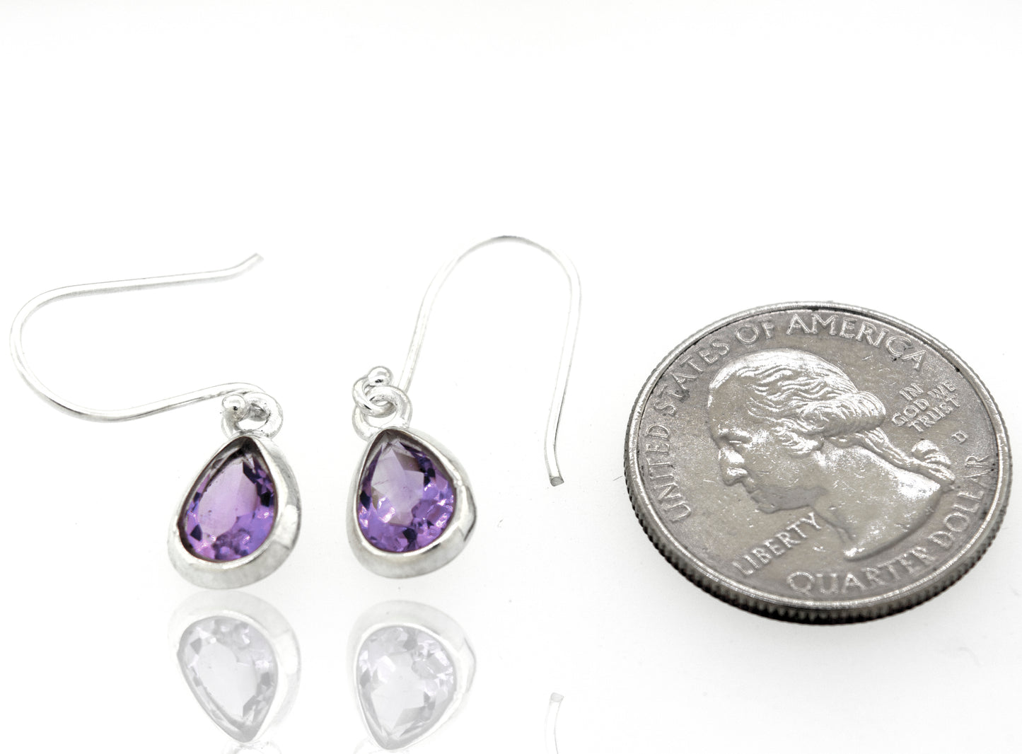 
                  
                    Super Silver presents the Simple Teardrop Shape Amethyst Earrings with a facet cut stone, set in a sterling silver setting.
                  
                