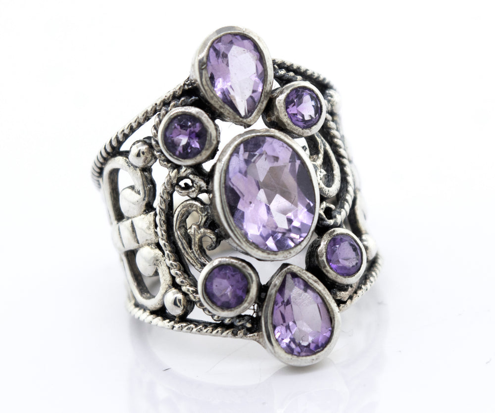 Super Silver's Amethyst Ring With Freestyle Design, adorned with stunning amethyst stones.