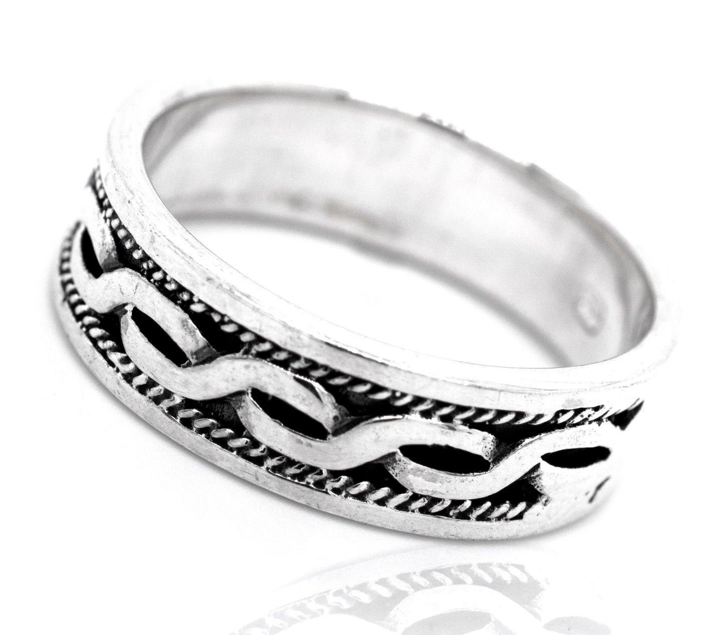 
                  
                    A sterling silver ring with a Braided Rope Band, perfect for engagement or as a mens accessory.
                  
                