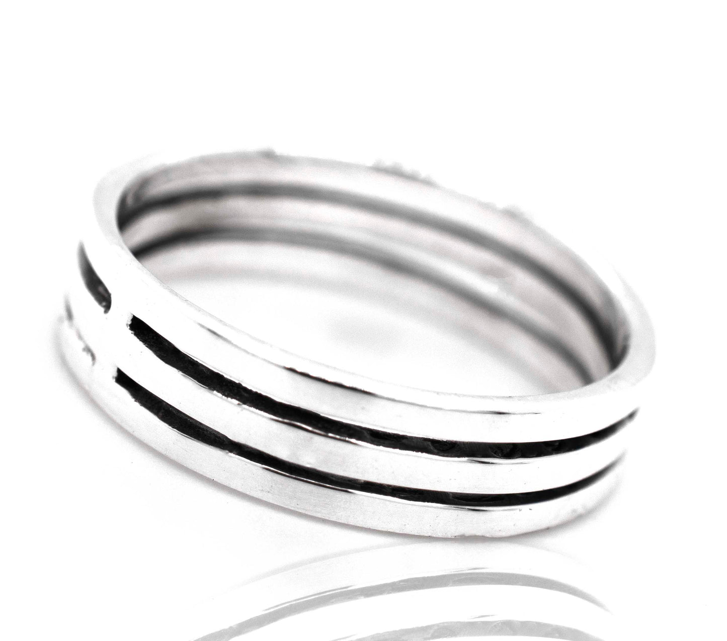 
                  
                    A Super Silver Triple Stripe Band with black stripes and cutouts on a plain silver band.
                  
                
