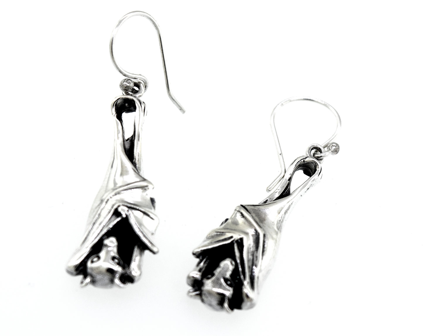 
                  
                    A pair of Super Silver Designer Bat Dangle Earrings on a white background.
                  
                