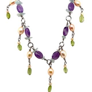 An elegant Super Silver Sterling Beaded Stone Necklace featuring amethyst, pearl, and green amethyst.